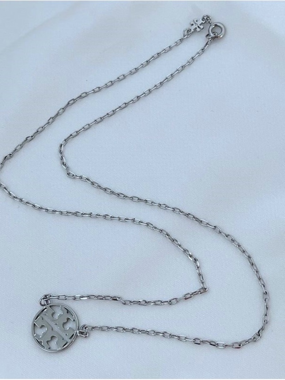 Tory Burch Silver Logo Medallion Chain Necklace